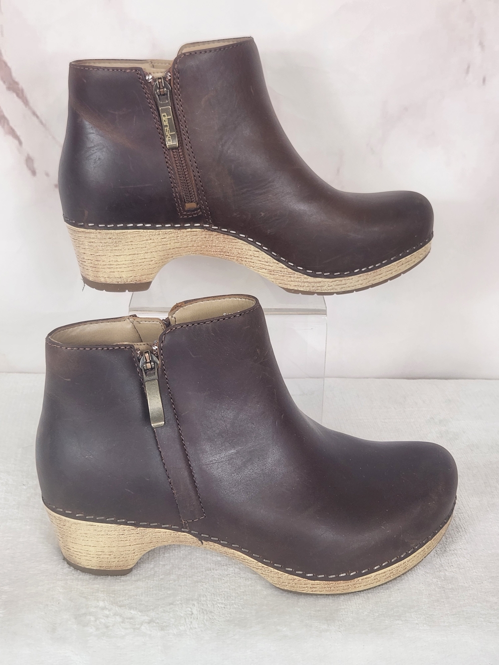 EUC Dansko Lizzie Brown Leather Ankle Booties with Zippers on Both Sides